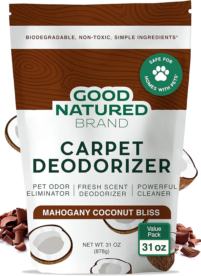 Good Natured Brand | Carpet Deodorizer & Freshener Powder | 31 oz Pet Odor Eliminator for Strong Odor & Pet Urine | Fresh Natural Mahogany Coconut Bliss Scent | Safe for Homes with Pets