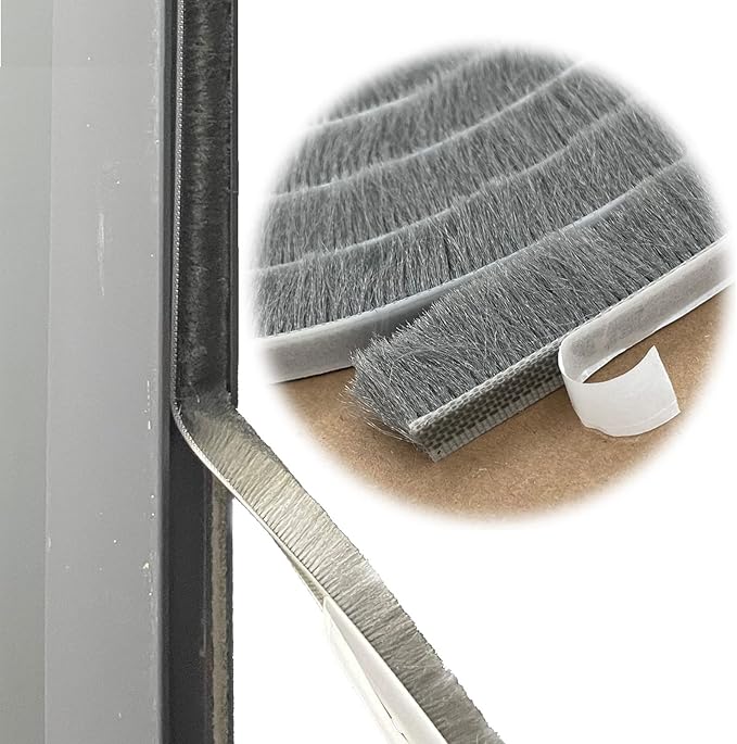 Fuzzy Weatherstripping for Window and Door Frame Side, Pile Self Adhesive Brush Weather Strip Seal Strip Sealer Felt Insulation (16ft x11/32 Backing x 9/16 Brush inch, Grey)