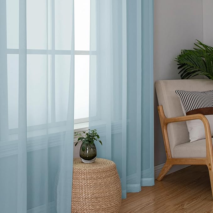 Chyhomenyc Sheer Sky Blue Curtains 90 inches Long 2 Panels, Light Filtering Soft Airy Solid Elegant Voile Window Treatment Drapes for Bedroom Living Room Wedding Party Decor, 42 Wx90 L Inches