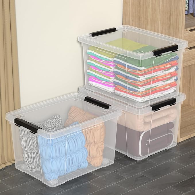4 Pack Large Clear Plastic Storage Bins with Latching Lids, 50 Quart Plastic Storage Container with Wheels, Clear