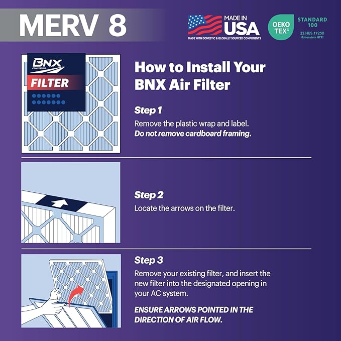 BNX TruFilter 18x18x1 Air Filter MERV 8 (6-Pack) - MADE IN USA – Dust & Pet Defense Air Conditioner HVAC AC Furnace Filters for Dust, Pet, Mold, Pollen MPR 600 – 700 & FPR 5