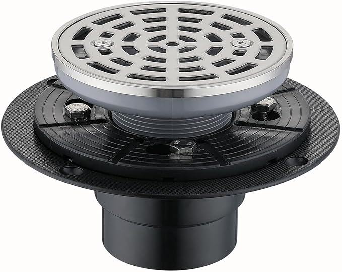RANDOM Round Shower Drain Brushed Nickel 4 Inch Shower Drain with Adjustable PVC Base Flange,SUS304 Stainless Steel Bathroom Shower Floor Drain with Removable Grid Cover Grate.98768BN-S