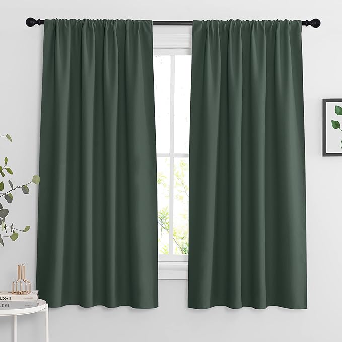 RYB HOME Living Room Curtains 63 inch Length 2 Panels Set, Thermal Insulated Privacy Window Drapes Rod Pocket Design All Lights Blocking for Bedroom Studio, W 42 x L 63 inch, Dark Green