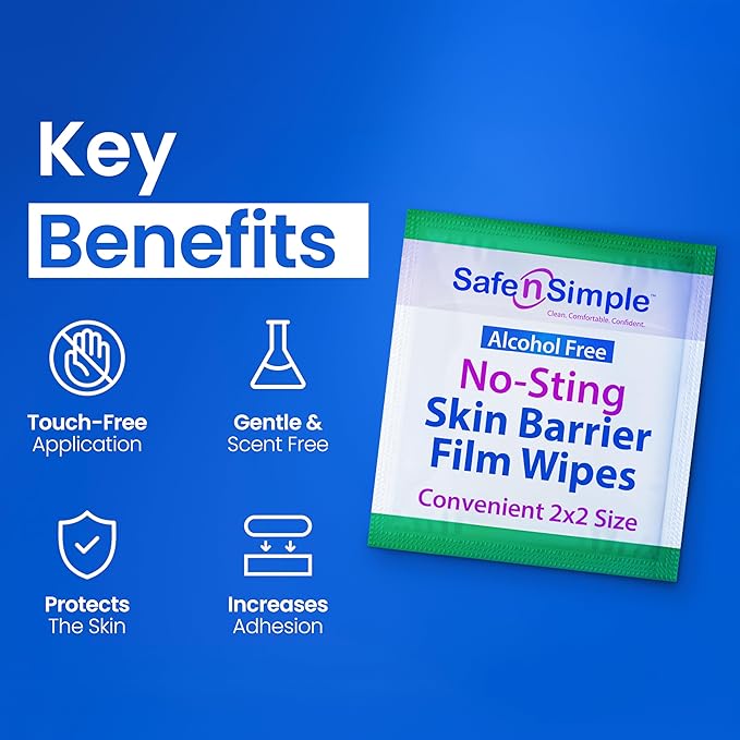 Safe n' Simple No Sting Skin Prep Wipes - 75 Individual 2" x 2" Ostomy Barrier Film Wipes - Skin Prep Protective Wipes - Bandage Medical for Skin