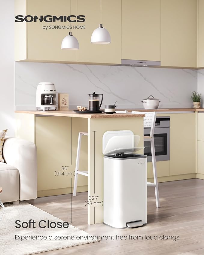 SONGMICS Kitchen Trash Can, 8-Gallon (30 L) Garbage Can with Lid, Stainless Steel, Soft Close and Stays Open, Inner Bucket, Wide Non-Slip Pedal, Cloud White ULTB546W01
