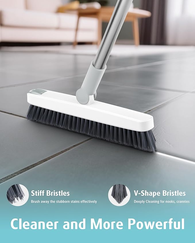 AIR U+ Grout Brush with Long Handle 180° Swivel Scrub Brush with Tweezers to Hair Clip V-Shape Grout Line Scrubber Stiff Bristles for Deep Cleaning Crevice, Tile Line, Shower, Kitchen, Corners(White)