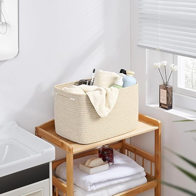 3-Pack Shelf Baskets for Organizing, Woven Storage Basket for Shelves, Cotton Rope Storage Bins for Toys Books, Nursery Towel Baskets for Classroom, 14.96"X9.8"X8.85", Brown