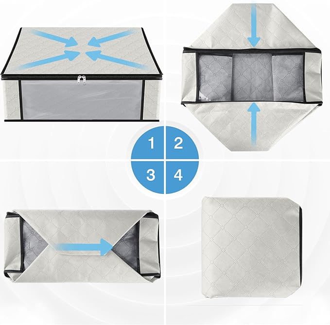 HomeHacks Storage 8-Pack Clothes Organizer Storage Bags Foldable Storage Box with Large Clear Window Sturdy Handles for Closet, Dorm, Pillows, Bedding, Clothes, Blankets, 35L, Ivory