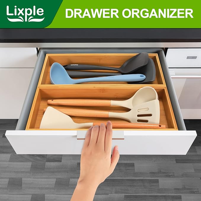 Bamboo Kitchen Drawer Organizer, Stackable Utensil Holder Silverware Organizer Cutlery Tray - 2PCS Organizer Bins for Makeup Jewelries Flatware in Bathroom, Office Desk, Cabinets, 15x6x2 inch