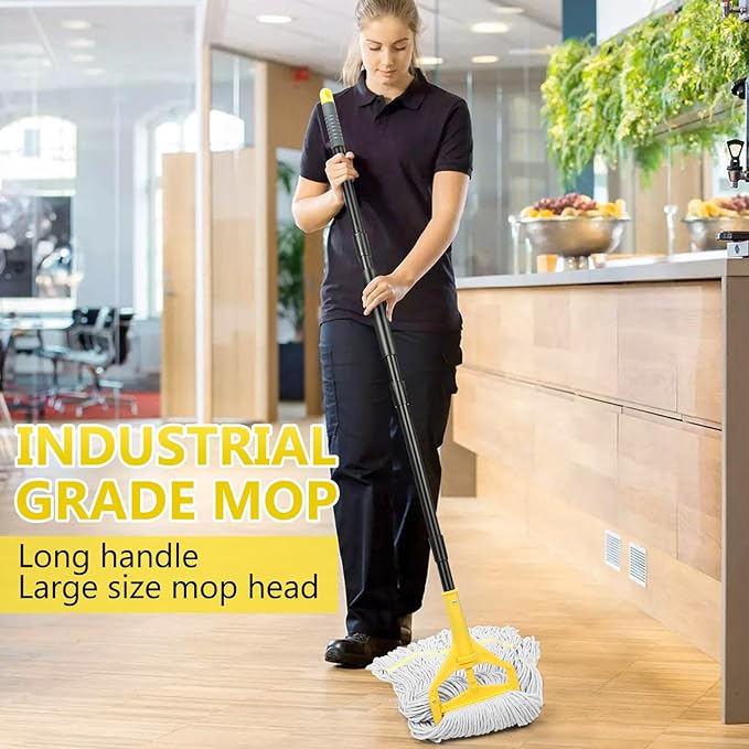 Beyoco Heavy Duty Commercial Industrial Cotton Mop with Long Handle,Looped-End String Wet Mops with Replacement Mop Head for Home,Garage,Office, Workshop, Warehouse Floor Cleaning