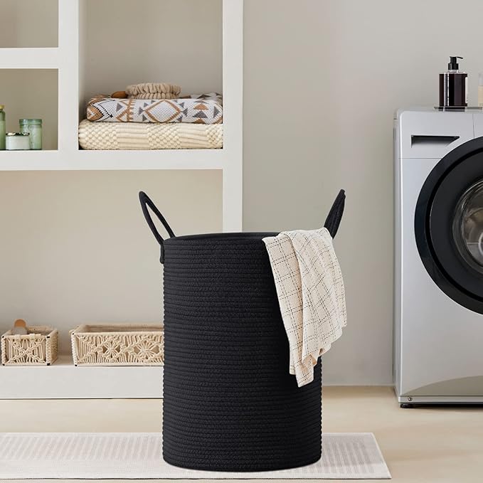 VIPOSCO Large Laundry Hamper, Tall Woven Rope Storage Basket for Blanket, Toys, Dirty Clothes in Living Room, Bathroom, Bedroom - 72L Black