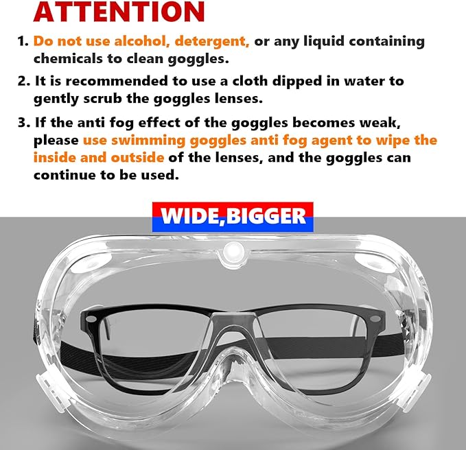 Super More 4PCS Anti-Fog Protective Safety Goggles Clear Lens Wide-Vision Adjustable Chemical Splash Eye Protection Soft Lightweight Eyewear