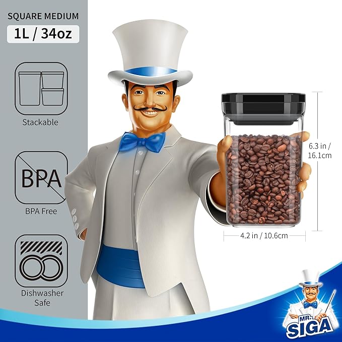 MR.SIGA 4 Pack Airtight Food Storage Container Set, BPA Free Kitchen Pantry Organization Canisters, One-handed Airtight Cereal Snack Candy Storage Containers, 1 L / 34oz, Medium, Black