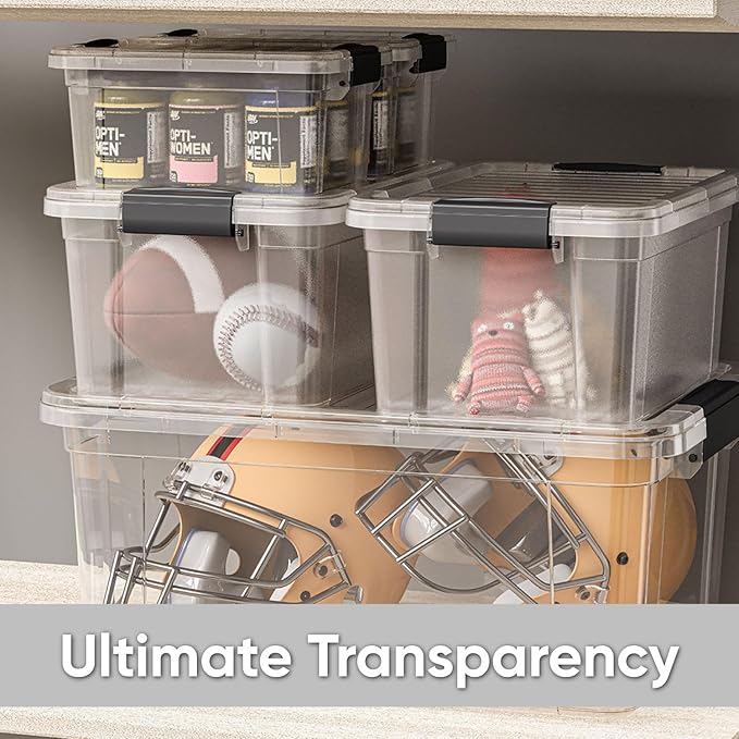 Superio Clear Storage Boxes with Lids, 1.27 Quart Plastic Container Bins for Organizing, Stackable Crates, BPA Free, Non Toxic, Odor Free, Organizers for Home, Office and Dorm, 4 Pack