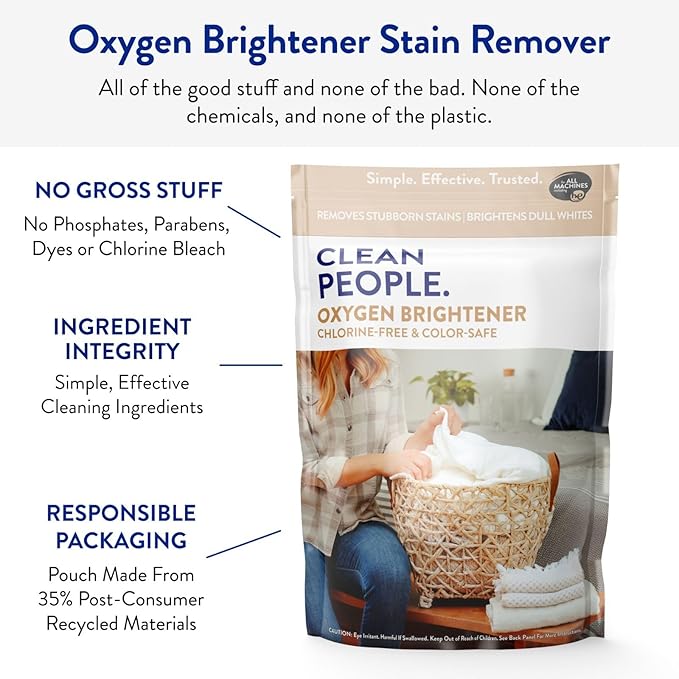 The Clean People Oxygen Brightener Stain Remover | Bleach Alternative, Simple Ingredients, Brightens Dull Whites AND Colors | 79 oz