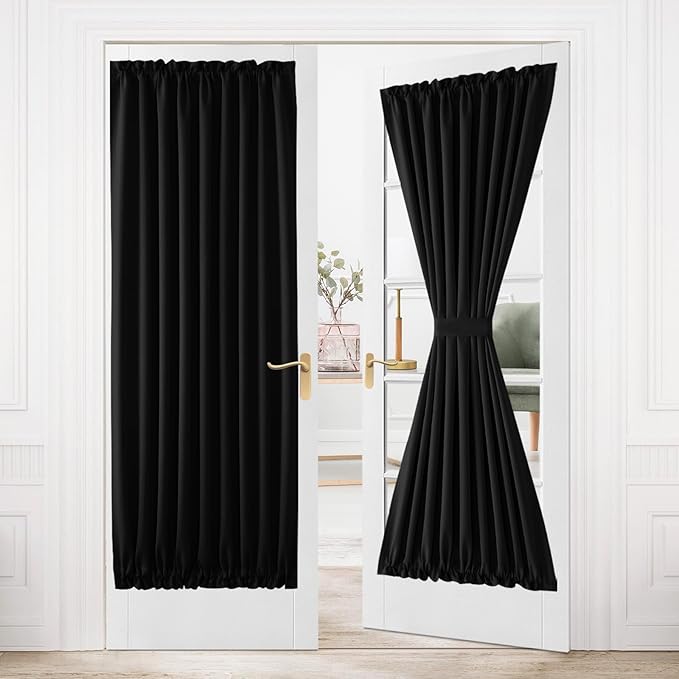 DWCN French Door Curtain - Rod Pocket Thermal Blackout Panel for Glass Window, Kitchen and Patio - Privacy, 54 X 80 Inches Long, 1 Panel With Tieback, Black