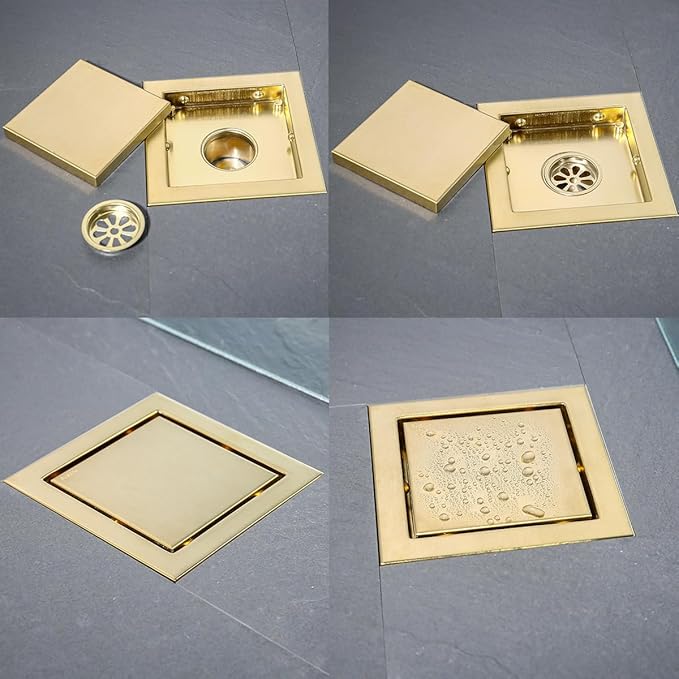 RANDOM Brushed Gold Shower Drain Square 6 inch SUS304 Stainless Steel Shower Floor Drain with Hair Strainer Tile Insert Shower Drain Cover