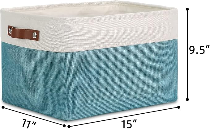 DULLEMELO Fabric Storage Basket for Shelves/Closets, Collapsible Rectangle Basket for Organizing Clothes, Toys, Towels, Books, Laundry, Nursery, Dog Toy Basket Empty (White&Teal)