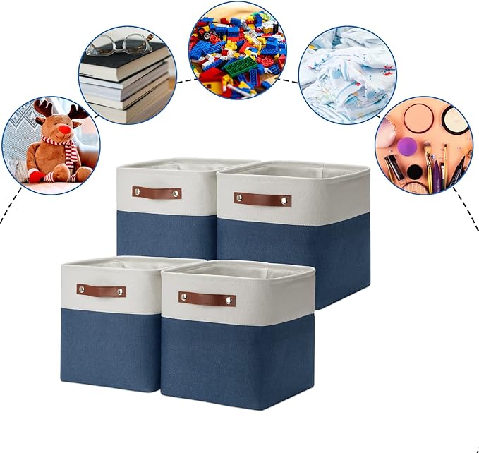 DULLEMELO [Set of 4 Storage Cubes Baskets for Organizing, 11 x 11 x 11 inch Cube Storage Organizer Bins with Leather Handles, Foldable Fabric Cloth Bins for Cube Storage(4 Pack - 11" White&Blue)
