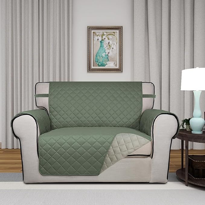 PureFit Reversible Quilted Sofa Cover, Water Resistant Slipcover Furniture Protector, Washable Couch Cover with Non Slip and Elastic Straps for Kids, Dogs, Pets (Oversized Chair, Greyish Green/Beige)