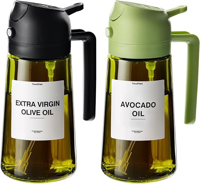TrendPlain - Original 16oz/470ml Olive Oil Dispenser Bottle for Kitchen Gadgets and Air Fryer Accessories - Olive Oil Sprayer for Cooking w/Stickers - Black&Green