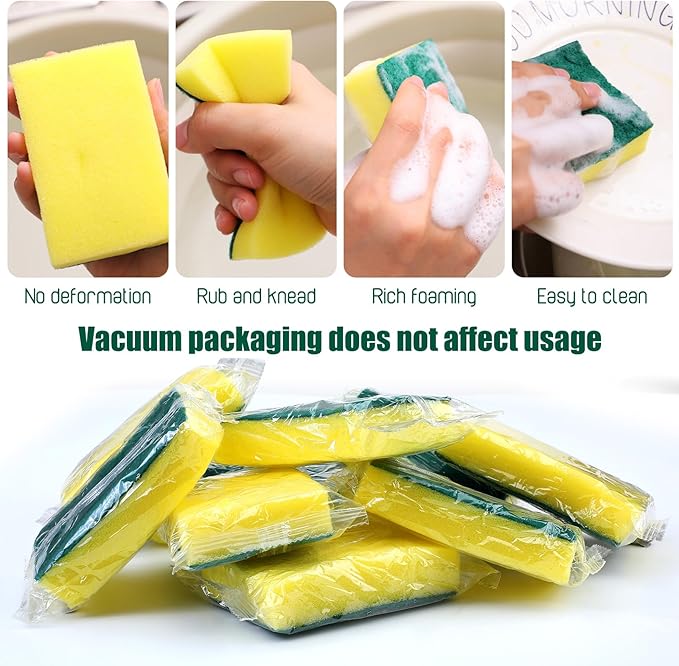 Tanlade 60 Pcs Individually Wrapped Sponge Dishwashing Sponge Bulk Non Scratch Scrub Sponges Kitchen Scouring Pad for Household Cleaning Rental Dishes Hotel Apartment Car (Yellow,Green)