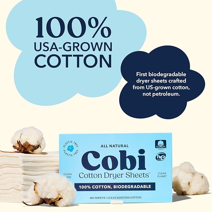 Cobi Biodegradable Non-Toxic Dryer Sheets – Naturally Scented Cotton Dryer Sheets – Eco-Friendly, Plant-Based, Plastic-Free – 120 Count