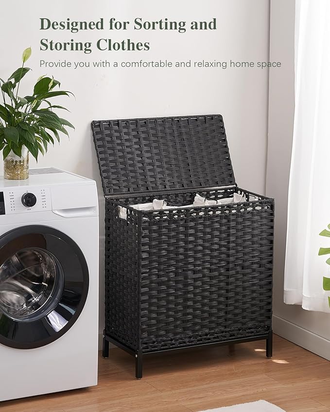 Laundry Hamper with Lid 132 L, (35 Gallons) Clothes Hamper with Lid, Handwoven Rattan Laundry Hamper with Metal Heightened Feet, Laundry Hampers with 3 Removable Liner Bags for Laundry-Black