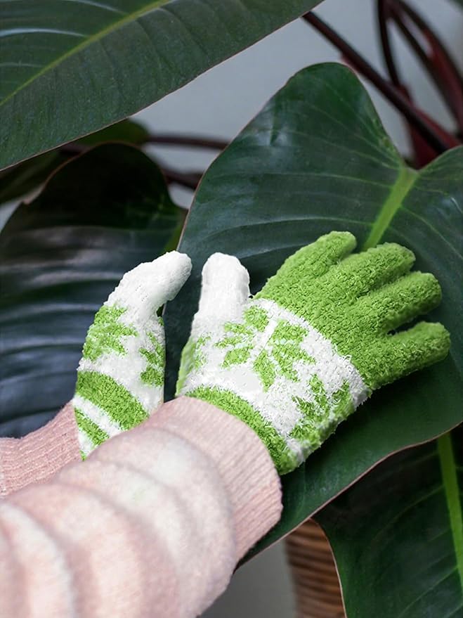Patelai 3 Pairs Microfiber Plant Dusting Gloves Leaf Cleaning Gloves for Indoor Plants, Blinds, Furniture, House(Medium,Snowflake Yellow, Pink, Blue, White)