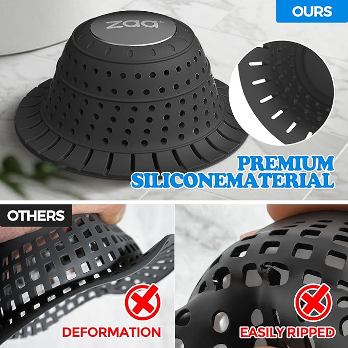 zaa Bathtub Drain Hair Catcher, Silicone Collapsible 1 Pack Drain Protector for Pop-Up and Regular Drains of Shower,Tub, Bathroom, Sink, Charcoal Black
