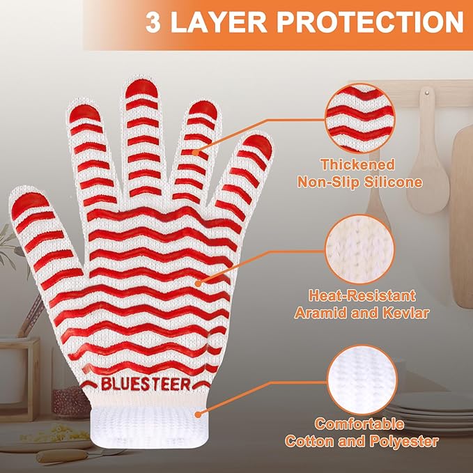 Oven Gloves 932°F Heat Resistant Oven Mitts with Fingers, Heat Proof BBQ Grill Gloves Silicone Grip Fireproof Gloves for Kitchen Cooking Grilling Baking