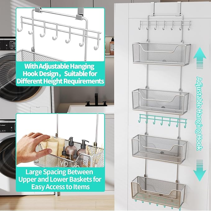 HapiRm Over The Door Organizer - Hanging Door Organizer with 4 Metal Large Capacity Baskets and Adjustable Coat Hook for Bathroom Bedroom Kitchen Pantry Closet Cabinet