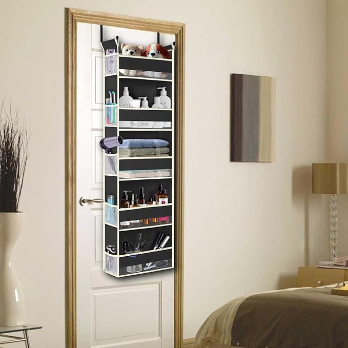 Over The Door Hanging Organizer 5-Shelves and 10 Side Pockets, Over The Door Storage for Bathroom and Bedroom, Back of Door Organizers for Baby Accessories and Kid's Toys (13"x5"x44", Black)