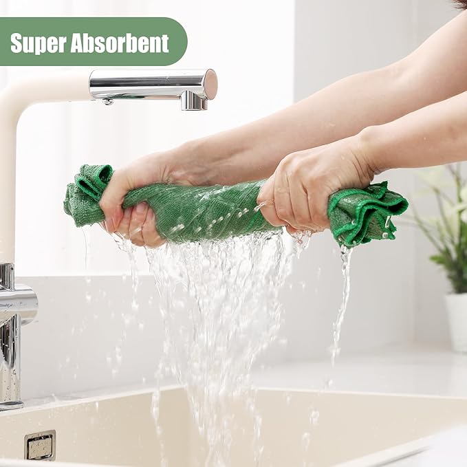 Homaxy Microfiber Kitchen Towels and Dishcloths Set, 16 Pack Soft and Absorbent Dish Hand Towels Bulk, 28 x 16 Inch & 12 x 12 Inch Quick Drying Rags for Washing Dishes, Grass Green