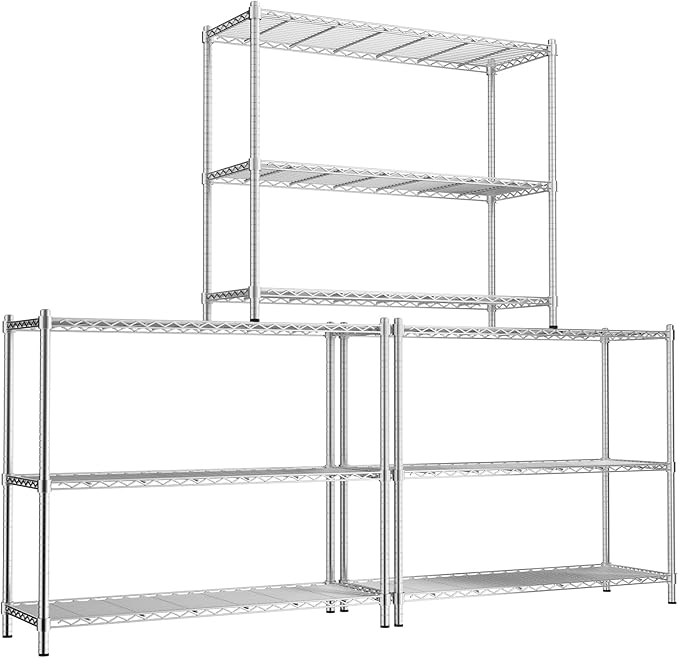 Storage Shelves, 3 PCS 48" L x 20" W x 47" H Heavy Duty Garage Wire Shelving Unit Loads 1200LBS, 3-Tier Adjustable Metal Industrial Utility Shelf Rack for Kitchen, Laundry Room, Basement