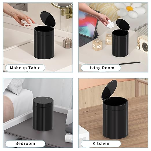 Mini Trash Can for Desk with Pop Up Lid,1.5L Tiny Trash Can for Desk, 0.4 Gal Stainless Steel mini Desk Trash can with Lid，Small Counter Garbage Bin with 1 Roll Bags for Bathroom,Office(Black)