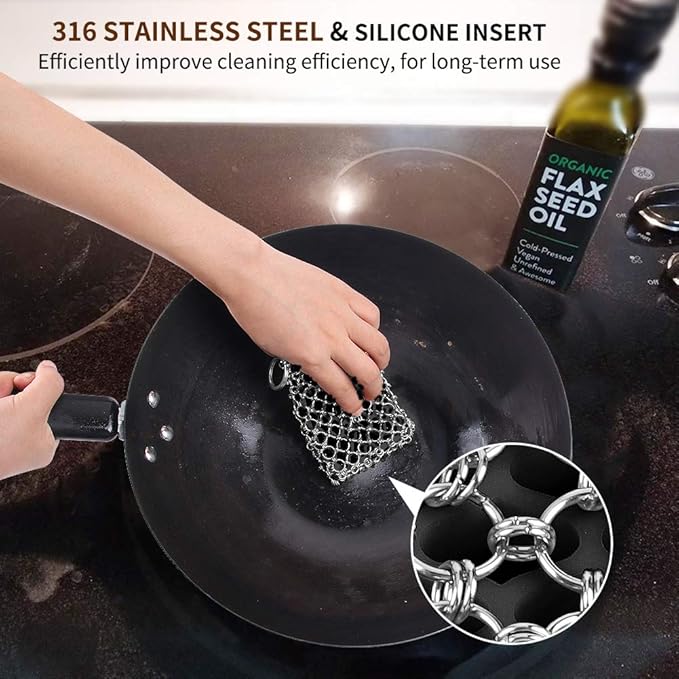 Herda 316L Cast Iron Scrubber Cleaner, Large Chainmail Scrubber for Cast Iron Pan - Chain Mail Scrubber Cast Iron Sponge - Metal Cast Iron Skillet Scrubber, Wok, Dutch Oven Cast Iron Cleaning Kit