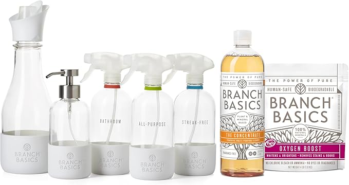 Branch Basics Premium Starter Kit in Glass: All Purpose Cleaner, Glass Cleaner, Bathroom Cleaner, Wash Bottle, and Laundry Bottle (3 Glass Spray Bottles + Concentrate) Fragrance-Free