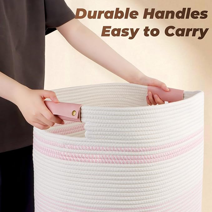 Laundry Basket with Handles - Blanket Basket & Hampers for Bedroom Aesthetic, Laundry Hamper & Blanket Storage for Living Room, Clothes Hamper, Tall, Large 17" x 14" x 22”, Pink & White