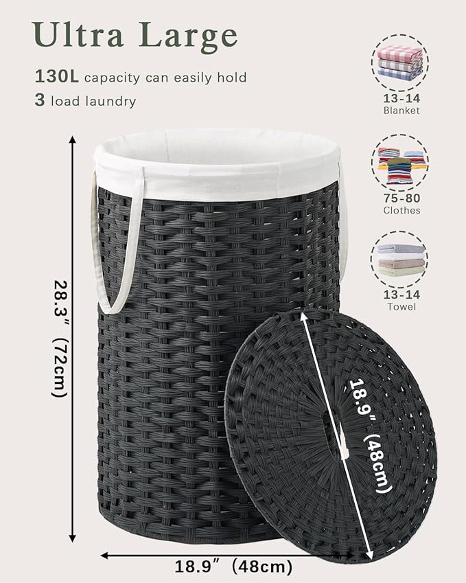 Large Laundry Hamper Laundry Basket Round 34.3 Gal (130 L) Handwoven Wicker Laundry Baskets Rattan Laundry Basket with Laundry Bag Handles 2 Mesh Bags for Living Room Bedroom Black