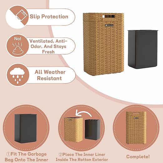 Ypati Handwoven 4 Gallon Rattan Trash Can with Lid, Boho Style Decorative Indoor and Outdoor Trash Bin with Shelf, Waste Basket for Bathroom, Patio, Study, with Trash Bags, Bohemian Yellow, Eureka