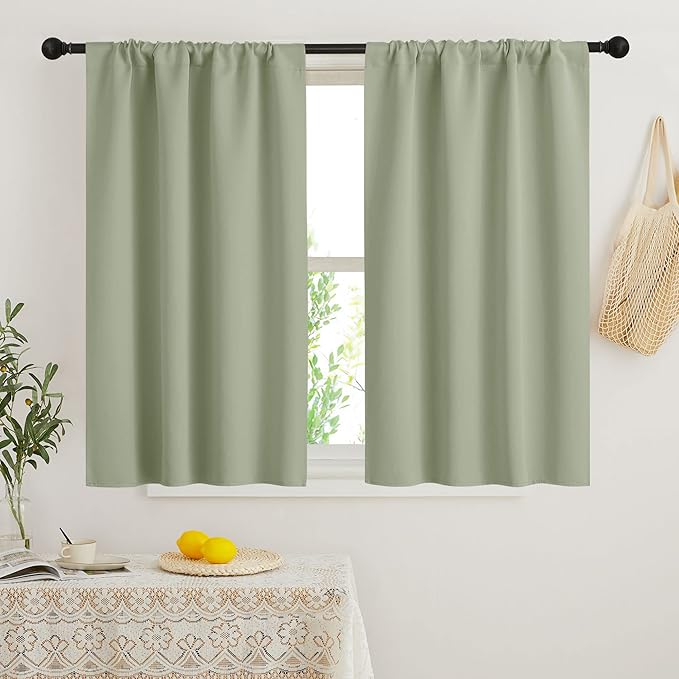 RYB HOME Small Window Curtains Blackout - Privacy Energy Saving Insulating Curtains Blinds for Bedroom Bathroom Basement Kids Nursery Kitchen, W 34 x L 48 inches, Sage Green, 2 Panels