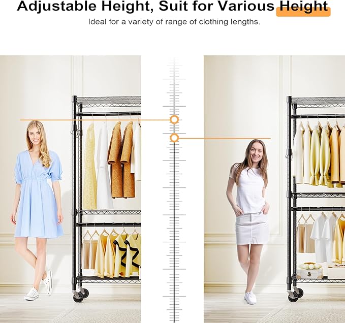 Heavy Duty Rolling Garment Rack 3 Tiers Adjustable Wire Shelving Clothes Rack with 2 Rods and Side Hooks,Storage Closet Clothing Rack with Wheels Black 15.7" D x 29.5" W x 74.5" H
