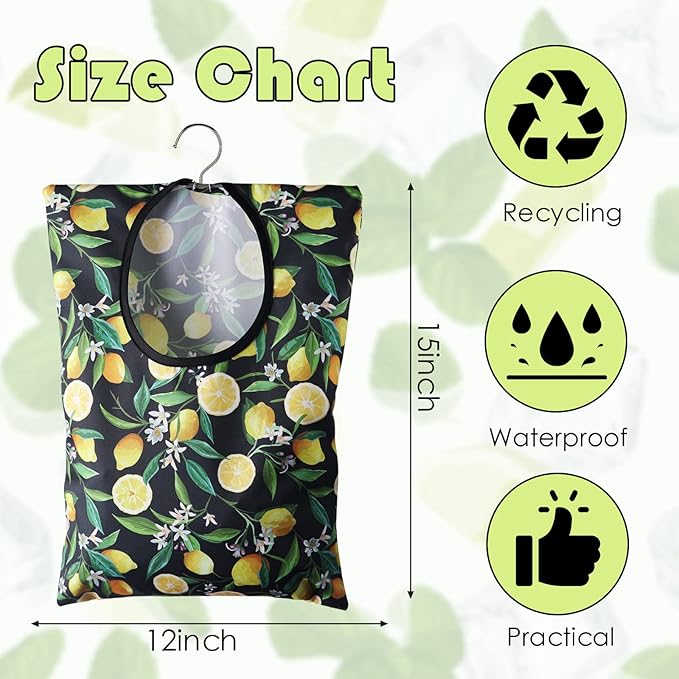 2 Pcs Lemon Clothespin Bag With Hanging Hook - 15 X 11 Inch Laundry Canvas Clothes Pin Holder, Waterproof Storage Organizer With Large Opening