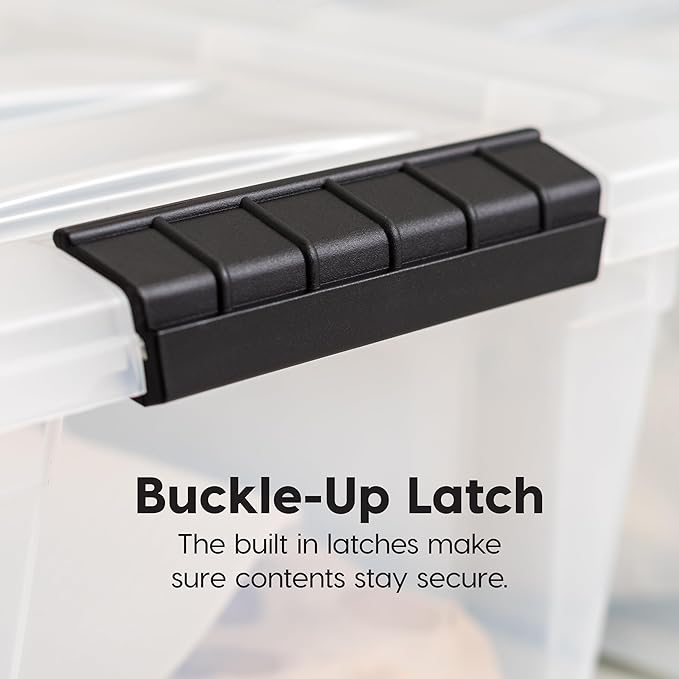 IRIS USA 72 Qt Stackable Plastic Storage Bins with Lids, 6 Pack - BPA-Free, Made in USA - See-Through Organizing Solution, Latches, Durable Nestable Containers, Secure Pull Handle - Clear