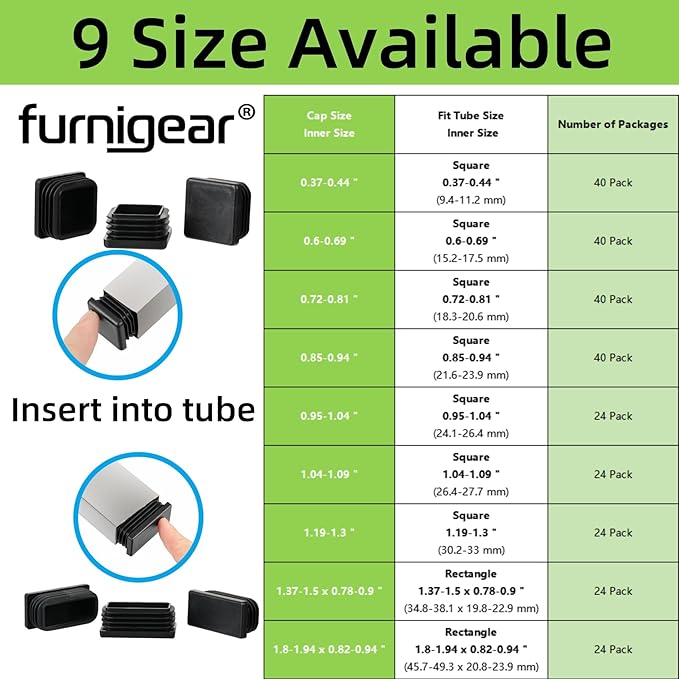 Furnigear Plastic Plugs Tubing End Cap Chair End Caps Outside Bottom Tubing Caps Square Furniture Sliders Glides Black (40, Fit 0.72-0.81" Square Tube Inner Size)