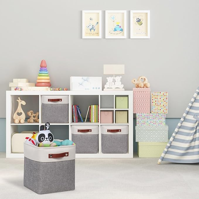 Univivi 10.5 Inch Fabric Cube Bins with Hard Bottom, 4 Pack Storage Baskets with PU Handles for Shelves Closet Foldable Storage Bins for Organizing (Gray,10.5" x 10.5" x 11")