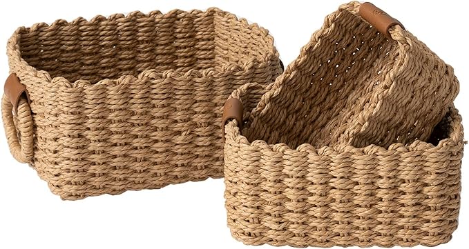 LA JOLIE MUSE Small Wicker Baskets for Organizing, Recycled Paper Rope Storage Basket Container Bins for Shelves Bathroom Cupboards Drawer, Decorative Square Basket Organizer Set of 3