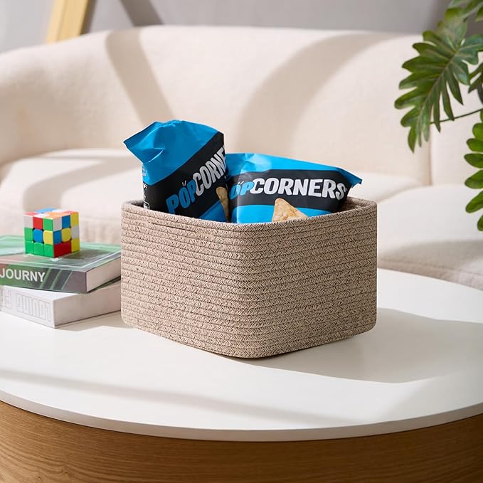 Small Organizing Baskets for Cubes Shelf, 9.7x9.7x7.1 Inch Rope Woven Storage Bins for Nursery Shelves Storage, Cute Toy Basket, Square 3 Packs Mixed Brown