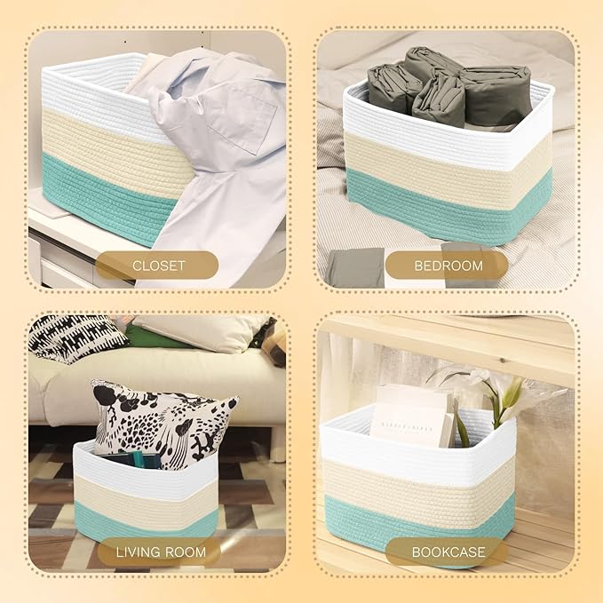 Hopegiver Woven Storage Baskets 15x11x10 Inch, 3 Pack Collapsible Cube Storage Bin for Shelves - Foldable Cotton Rope Organizer Bins for Towels, Toys, Books, Closet, Nursery (White Cream Green)